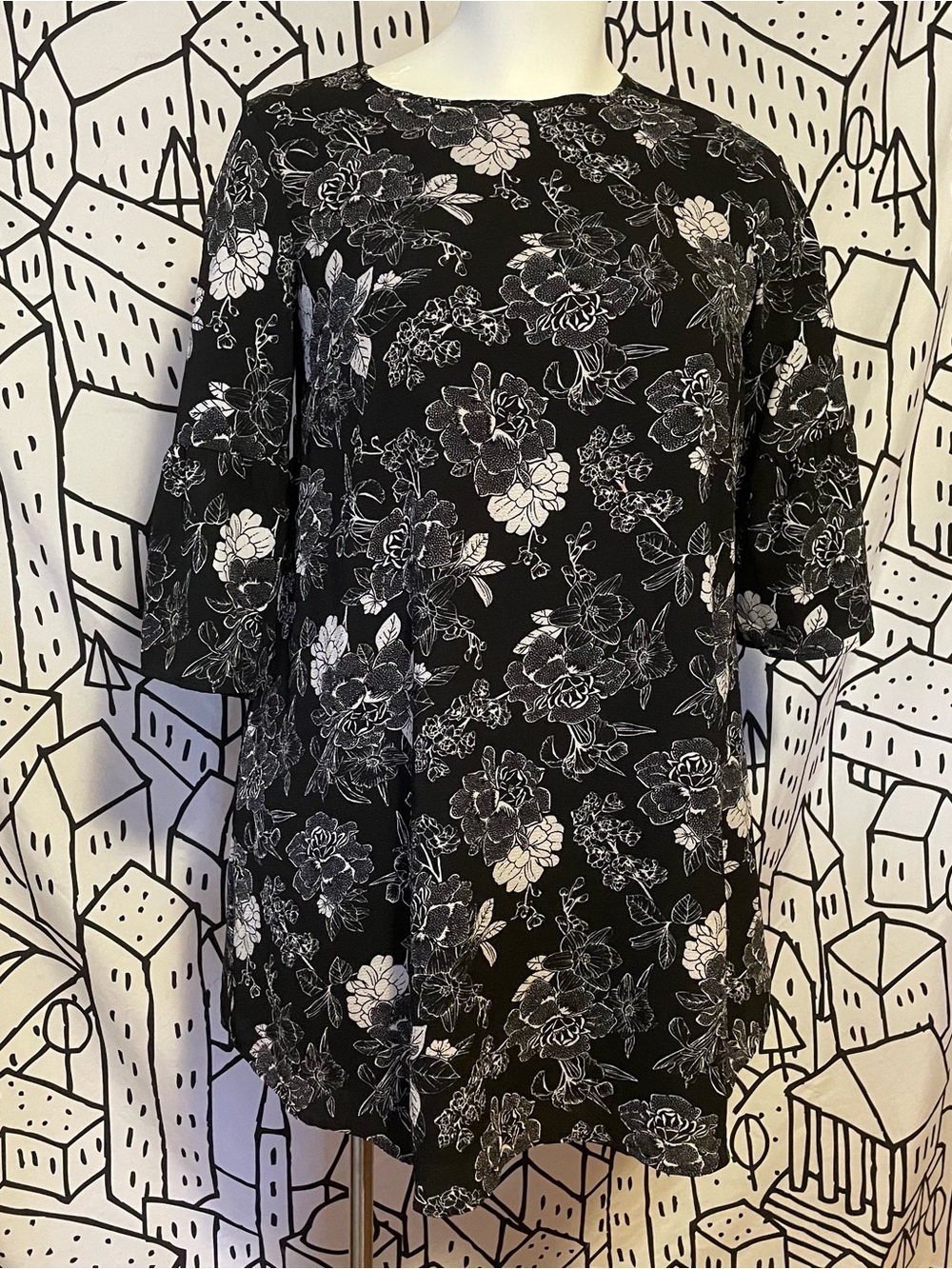 Black Floral Boatneck Tunic Dress
